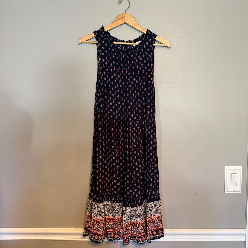 Beachlunchlounge‎ Navy Blue Boho Geometric Sleeveless Ruffle Neck Shift Dress